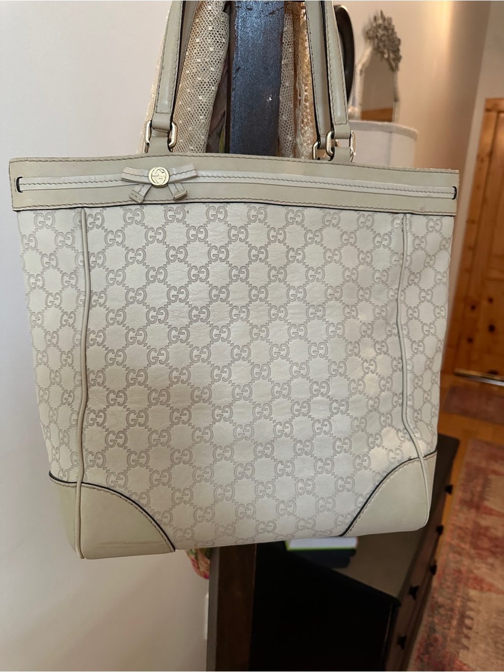 Gucci Cream GG Monogram Leather-Trim Tote